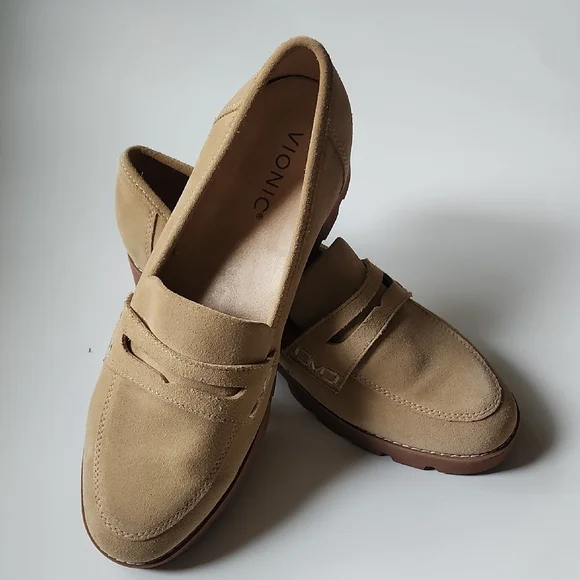 Vionic Tan Suede Penny Loafers Comfort Orthotic Slip On Flats - Picture 2 of 10